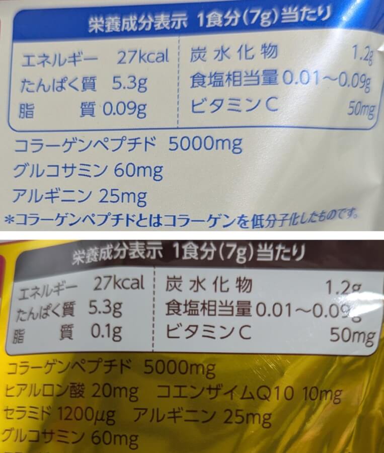 日本版明治膠原蛋白粉標準版和金色版背面的營養標示,上面是標準版,下面是金色版